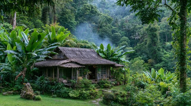 Tranquil Jungle Retreat Surrounded by Lush Greenery and Dense Forest, Perfect for Relaxation and Nature Escapes in a Serene Environment