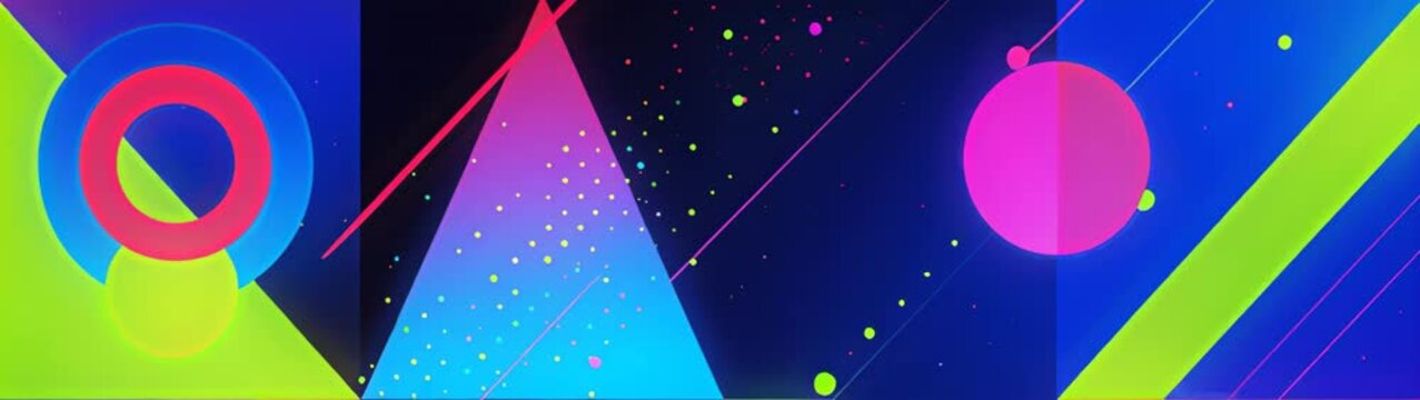 Neon geometric shapes and forms displaying an energetic pattern Futuristic design creating a retro synthwave atmosphere.
