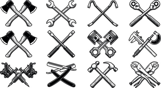 Crossed Work Tools Vector Emblem Set Featuring Vintage Axes Wrenches Pistons Hammers Tattoo Machines and Calipers for Mechanic Workshop and Barber Shop Graphic Designs