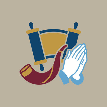 A traditional scroll with a shofar horn and praying hands illustration