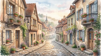 Fototapeta premium Quaint European Village Street with Traditional Historic Houses Watercolor