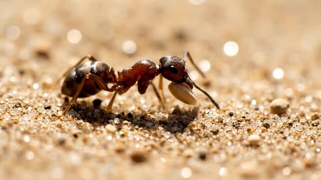 Close-up of a small ant walking on sandy ground, showcasing its intricate details and the texture of the sand under natural light.