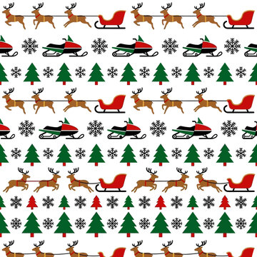 Festive seamless pattern with reindeer sleighs snowmobiles trees and snowflakes on white