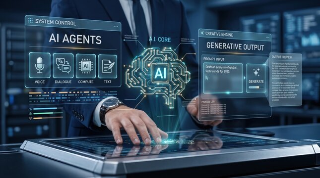 Futuristic AI agents interface with holographic system control, generative output engine and computing core displayed on digital screen for business technology concept