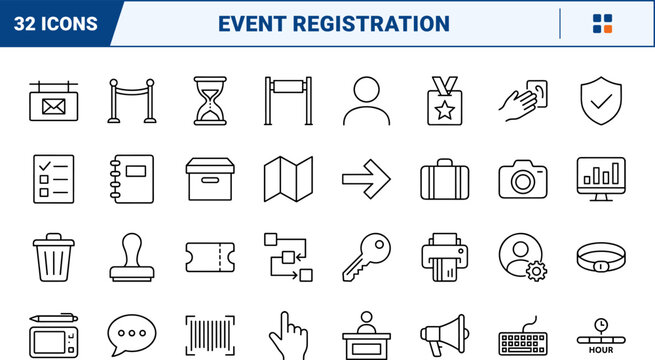 Event registration line icon set. Vector pictograms of guest queue, check in, visitor badge, and service desk elements, thin linear illustration.