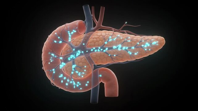 Human pancreas medical animation with glowing blue particles
