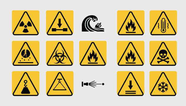Collection of yellow triangular hazard warning signs and symbols