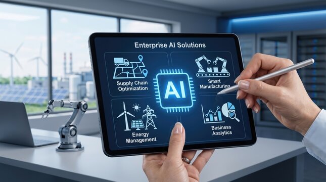 Enterprise AI solutions dashboard on tablet held by business professional, featuring icons for supply chain optimization, smart manufacturing, energy management and business ana...