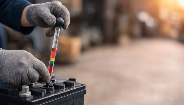 Technician measuring battery electrolyte level using a hydrometer while wearing gloves. The focus is on hands, hydrometer and car battery in a workshop setting.