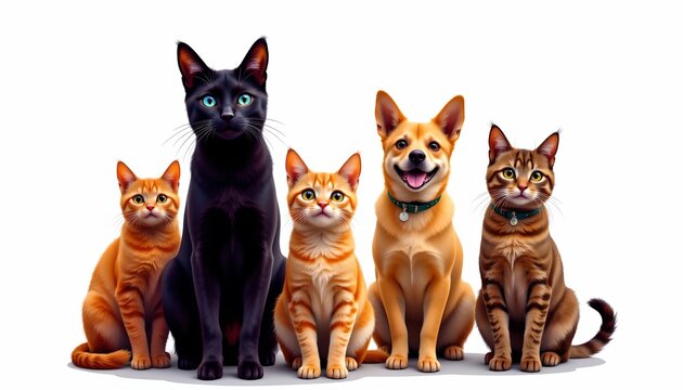 A group of four cats and one dog posing in a line.