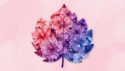 Fototapeta premium Stylized leaf shape filled with gradient of colorful flowers on soft pink background