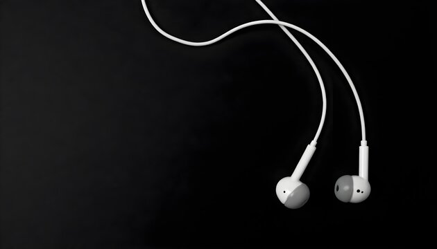 Minimalist white earbuds with cable on a stark black background