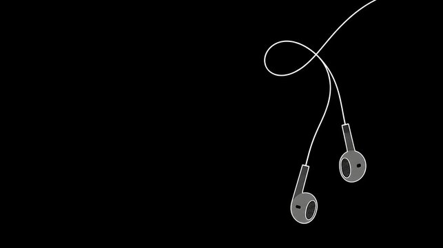 Minimalist earbud headphones with white cord on a stark black background