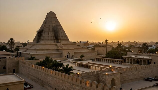 Ancient Mesopotamian ziggurat structure bathed in the warm glow of sunset