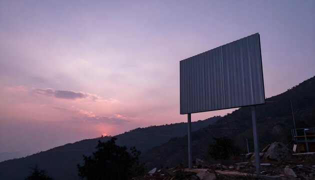 Blank billboard stands against a vibrant sunset over a silhouetted mountain range