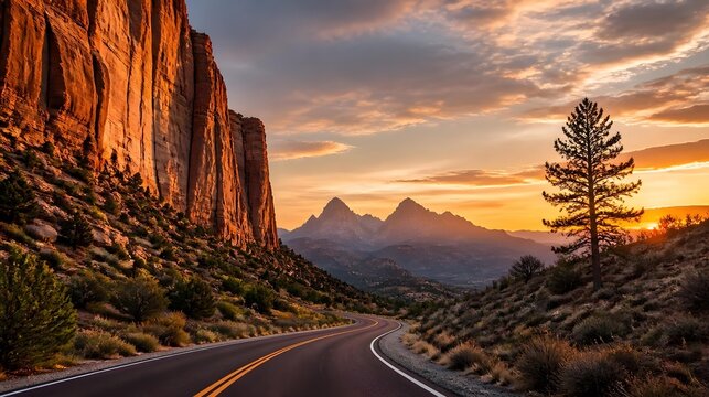 Scenic desert highway winding through majestic sandstone cliffs at sunset