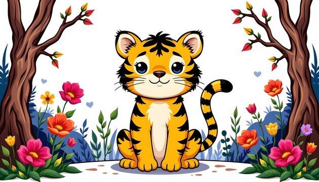 An animated tiger sitting in front of flowers and under a tree, with a background that includes a garden setting with blue sky and clouds.
