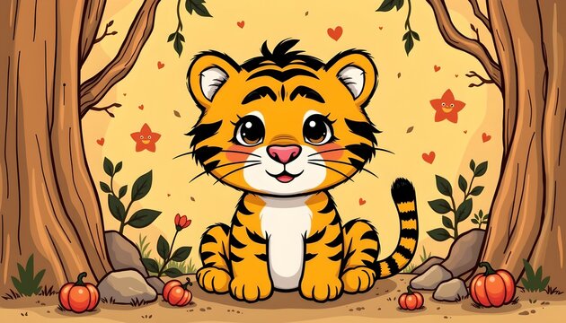 An animated tiger cub in an autumnal forest setting. The cub is positioned under a tree, looking out with eyes that convey a sense of curiosity and perhaps a hint of mischief