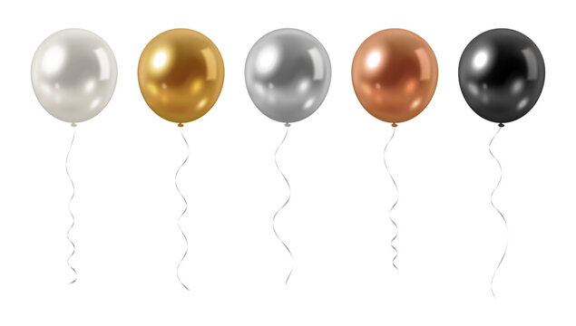 Set of vector realistic metallic shiny helium party balloons - white, gold, silver, bronze, black