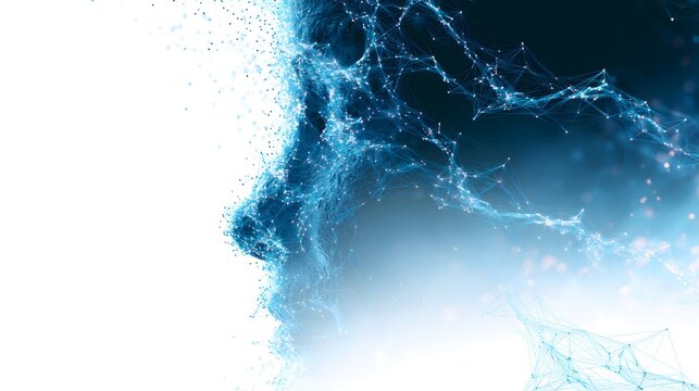 Futuristic AI background showing glowing human profile face with digital wave signal extending forward