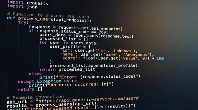 Close up of computer screen displaying Python programming code script for processing user data API requests using JSON library, software development and coding workflow concept ...