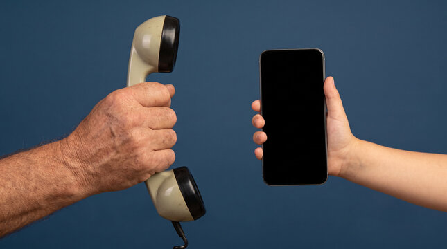 Hands holding vintage telephone and smartphone. Old and new communication technology concept.