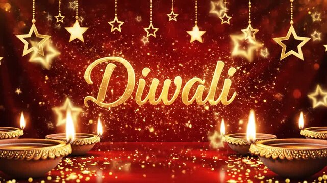 Diwali greeting banner with lit diyas and stars.