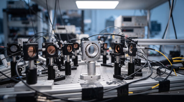 Quantum Computing Lab equipment with optical lenses on breadboard setup