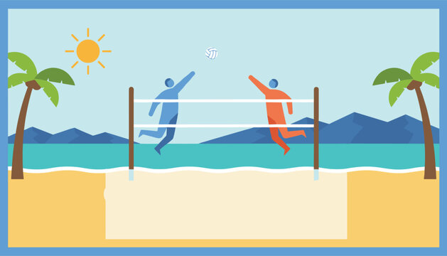 Two beach volleyball players jumping to hit the ball on sunny coast