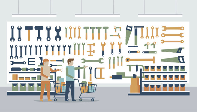Customers with shopping carts pointing at a large wall display of tools in a hardware store