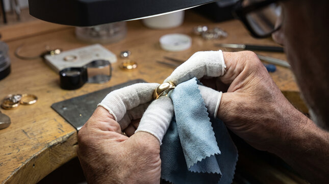 Jeweler cleaning a gold ring. Professional goldsmith polishing jewelry in a workshop.