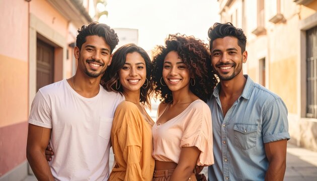 Group of diverse young friends laughing and smiling in a narrow city alley during daytime
