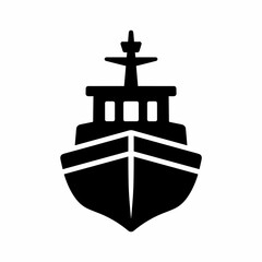 Front view silhouette of a cargo ship or vessel, a simple black icon representing maritime transport and shipping. © Pegi