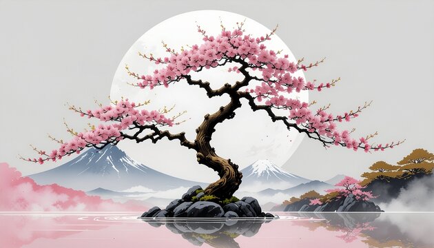 Modern ukiyo-e cherry blossom tree in full bloom with soft pink and gold leaf, minimalist Japanese art