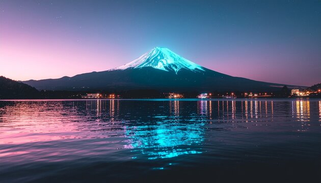 Ukiyo-e style Mount Fuji glowing with pink and cyan neon lights under a cyberpunk night sky