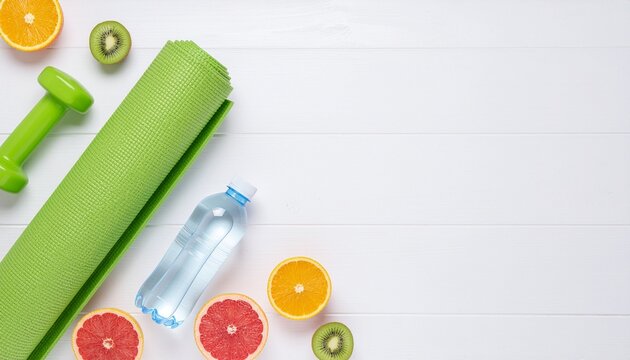Healthy lifestyle flat lay with a yoga mat, water, fruits and dumbbells, top view on a bright background