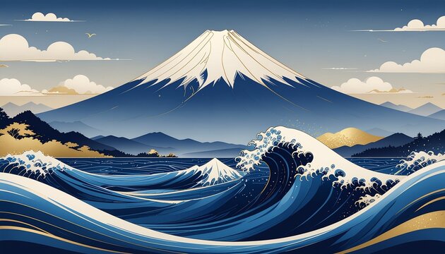 Modern ukiyo-e digital art of Mount Fuji and waves in gold and indigo blue, elegant Japanese art
