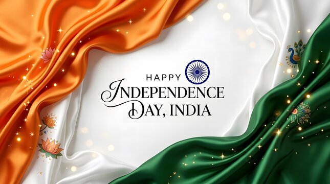 Festive Indian independence day background featuring realistic silk fabric waves in saffron white and green colors with elegant golden sparkles