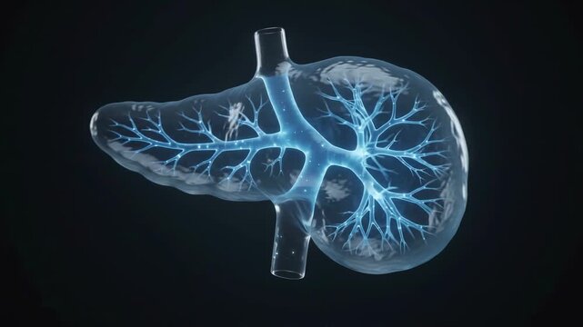 Anatomical 3d model of a glowing human pancreas rotating