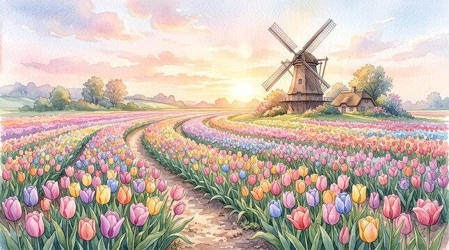 Dutch Windmill with Colorful Tulip Fields at Sunrise 