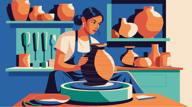 Young woman focused on shaping a clay vase on a potter wheel in a studio workshop for creative pottery hobby, craft art, and handmade business vector illustration