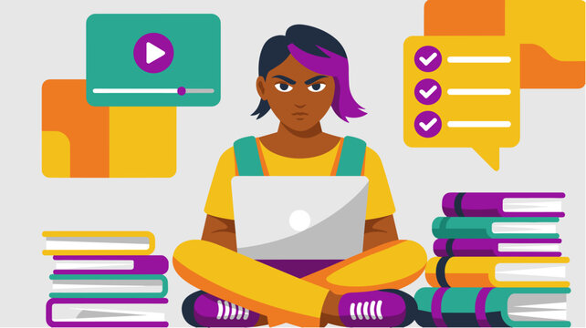 Focused and motivated young female student sitting with laptop studying online, completing task list and managing books for exam preparation flat vector illustration