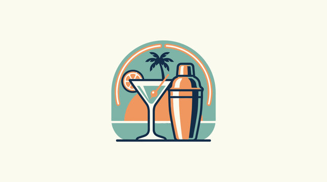 Tropical cocktail and shaker with palm tree illustration for summer drinks