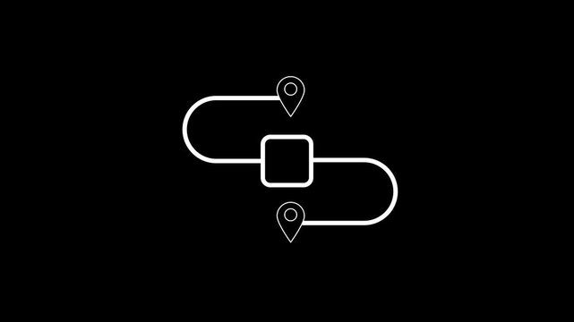 Abstract route navigation line icon on black background.Abstract GPS location tracking icon connected by a dashed line animated.