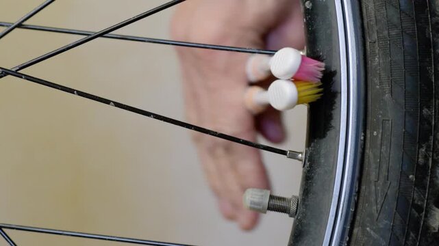 Closeup caucasian hand cleaning rim with toothbrush between spokes, bicycle mechanic performing detailed spoke and valve cleaning, black rim grime removal, focused steady motion,