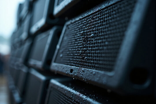 Close-up of black stage speakers with water droplets in low light, showing texture and detail for concert or event sound equipment setup