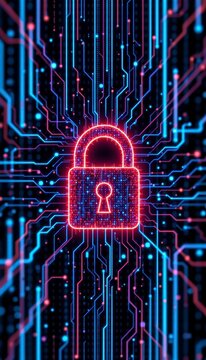 Soft glowing padlock pattern lines woven from detailed aesthetic cyber grids on premium electric blue background