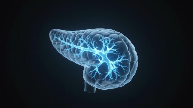 Glowing blue holographic human pancreas rotating in dark space
