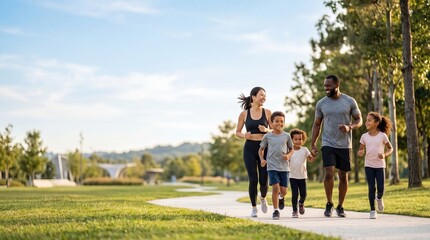 Obraz premium Happy diverse family jogging together on path in green park enjoying healthy lifestyle and outdoor fitness activity