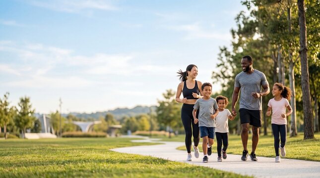 Happy diverse family jogging together on path in green park enjoying healthy lifestyle and outdoor fitness activity
